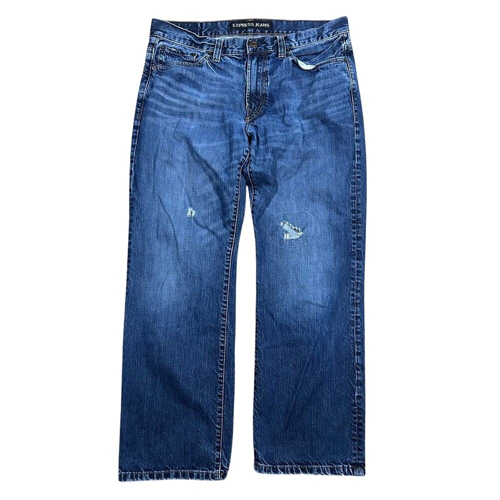 Express Jeans Men’s Loose Fit Bootcut 36x30 Repaired Dark Wash Denim Blake